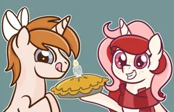Size: 1003x648 | Tagged: safe, artist:redpalette, derpibooru import, oc, oc:red palette, oc:white shield, pony, unicorn, base used, birthday, bow, clothes, cute, food, horn, image, pie, png, scarf, tongue out, unicorn oc