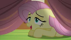 Size: 1920x1080 | Tagged: safe, derpibooru import, screencap, fluttershy, pegasus, pony, scare master, female, image, lidded eyes, mare, on floor, open mouth, png, smiling, solo, under the bed