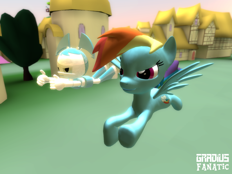 Size: 2048x1536 | Tagged: safe, artist:gradiusfanatic, derpibooru import, rainbow dash, pegasus, robot, 3d, crossover, female, gmod, image, jenny wakeman, my life as a teenage robot, png