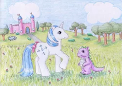 Size: 1064x751 | Tagged: safe, artist:normaleeinsane, derpibooru import, majesty, spike (g1), dragon, pony, bow, castle, cloud, cute, dream castle, duo, female, flower, g1 spikabetes, image, jpeg, majestorable, mare, raised hoof, scenery, smiling, tail bow, traditional art, tree