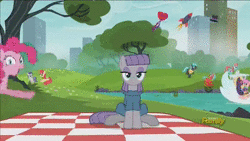 Size: 1024x576 | Tagged: safe, derpibooru import, screencap, apple bumpkin, b. sharp, blue peeler, maud pie, orange sherbet, pinkie pie, strawberry ice, swanky hank, tornado bolt, earth pony, pony, the gift of the maud pie, 15th pony, 61st pony, 73rd pony, animated, apple family member, background pony, boat, building, corral park, discovery family, discovery family logo, eyeshadow, female, hey, image, kite, makeup, manehattan, mare, maud being maud, mean pony, park, picnic blanket, pie sister swap day song, pinkie being pinkie, pond, siblings, singing, sisters, sitting, skipping, song, swan boat, throat, tree, webm, zoom in