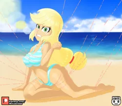 Size: 2415x2100 | Tagged: suggestive, artist:minusclass, derpibooru import, applejack, equestria girls, angry, barefoot, beach, beach babe, belly button, big breasts, bikini, bikini babe, bondage, breasts, busty applejack, cameltoe, cleavage, clothes, cloud, erect nipples, feet, female, gritted teeth, image, jpeg, lens flare, looking at you, magic abuse, nipple outline, ocean, patreon, patreon logo, remake, sand, sky, solo, solo female, strings, striped swimsuit, summer, swimsuit, tied up, two piece swimsuit, water, wires