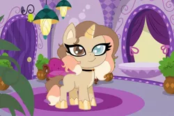 Size: 1080x716 | Tagged: safe, artist:rxndxm.artist, derpibooru import, oc, unofficial characters only, pony, unicorn, my little pony: pony life, base used, choker, eyelashes, heterochromia, hoof polish, horn, image, indoors, jpeg, plant, smiling, solo, unicorn oc, unshorn fetlocks