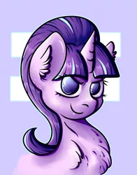 Size: 2273x2902 | Tagged: safe, artist:coco-drillo, derpibooru import, starlight glimmer, pony, unicorn, the cutie map, bust, chest fluff, ear fluff, equality, equality mark, evil, evil grin, evil starlight, grin, image, looking at you, png, simple background, smiling, smirk, solo, villainess, villains of equestria