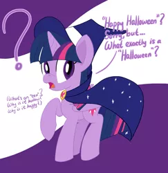 Size: 1458x1500 | Tagged: safe, artist:notadeliciouspotato, derpibooru import, twilight sparkle, twilight sparkle (alicorn), alicorn, pony, abstract background, cape, clothes, confused, costume, dialogue, female, frown, halloween, hat, holiday, image, mare, open mouth, png, question mark, raised hoof, solo, speech bubble, talking, witch costume, witch hat