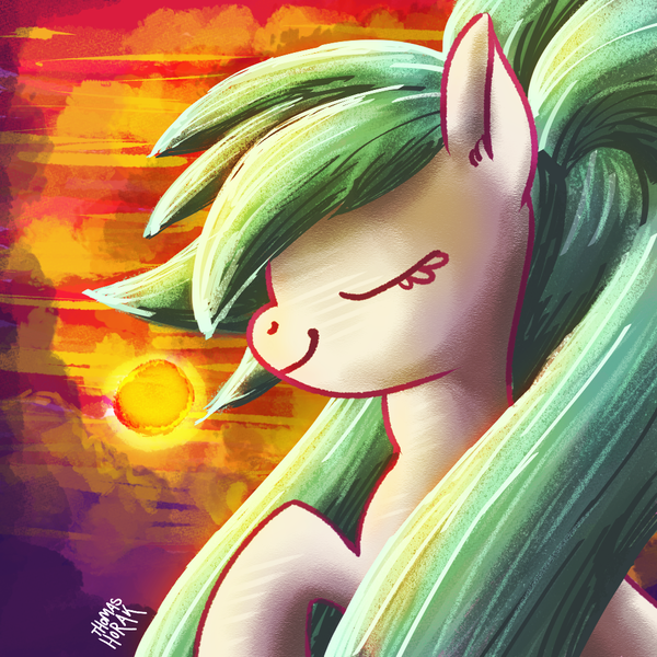 Size: 1024x1024 | Tagged: safe, artist:the-barinade, derpibooru import, oc, oc:bapjangles, earth pony, pony, eyes closed, image, pigtails, png, smiling, solo, sun, sunset, twintails