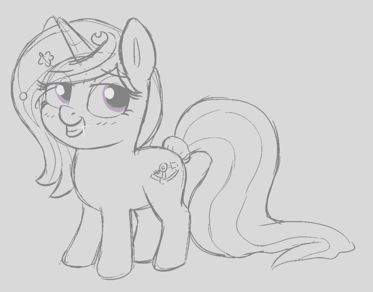 Size: 1064x832 | Tagged: safe, artist:heretichesh, derpibooru import, oc, oc:zew, unofficial characters only, pony, unicorn, blushing, female, filly, image, monochrome, png, sketch, smiling, solo, tail band