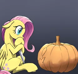 Size: 2000x1900 | Tagged: safe, anonymous artist, derpibooru import, fluttershy, pegasus, pony, carving, drawthread, gradient background, halloween, holiday, image, jack-o-lantern, knife, png, pumpkin, requested art, scared, solo