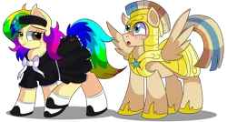 Size: 8000x4300 | Tagged: safe, artist:rainbowtashie, author:bigonionbean, derpibooru import, braeburn, wind waker (character), oc, oc:rainbow tashie, oc:spicy cider, earth pony, pegasus, pony, armor, blushing, clothes, commissioner:bigonionbean, costume, cute, earth pony oc, female, fusion, fusion:spicy cider, halloween, halloween costume, holiday, husband and wife, image, loving gaze, maid, maid headdress, male, mare, png, royal guard, royal guard armor, shipping, simple background, spread wings, stallion, straight, teasing, transparent background, wingboner, wings