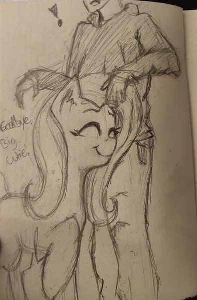 Size: 2176x3305 | Tagged: source needed, useless source url, safe, artist:owlnon, derpibooru import, fluttershy, oc, oc:anon, human, pony, anonymous, doomer, eyes closed, image, jpeg, nuzzling, smiling, traditional art