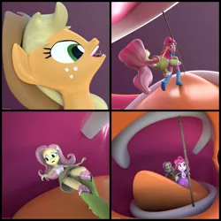 Size: 4000x4000 | Tagged: safe, artist:shrunkengts, derpibooru import, applejack, fluttershy, pinkie pie, equestria girls, 3d, blender, endosoma, esophagus, flutterprey, gullet, image, mawshot, non-fatal vore, open mouth, oral invitation, pinkie prey, png, pole, ponies eating humans, predajack, salivating, slimy, taste buds, vore