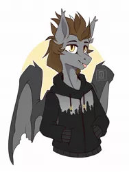 Size: 1536x2048 | Tagged: safe, artist:buvanybu, derpibooru import, oc, oc:devin, unofficial characters only, anthro, bat pony, anthro oc, bat pony oc, bat wings, clothes, fangs, hoodie, image, jpeg, looking at you, pockets, solo, sticking tongue out, sweater, tongue out, tree, wings