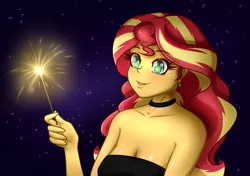 Size: 1700x1200 | Tagged: safe, artist:albertbm, derpibooru import, sunset shimmer, equestria girls, bare shoulders, breasts, choker, cleavage, cute, female, happy new year, holiday, image, jpeg, new year, night, shimmerbetes, solo