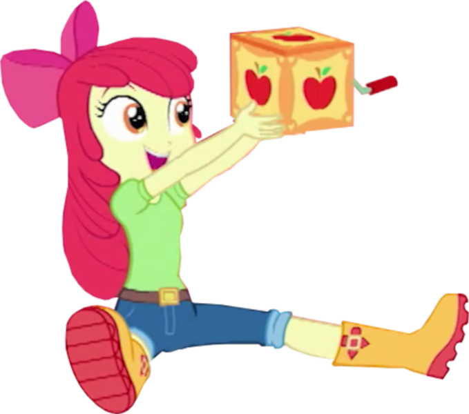 Size: 1200x1060 | Tagged: safe, derpibooru import, edit, edited screencap, screencap, apple bloom, human, equestria girls, equestria girls series, holidays unwrapped, spoiler:eqg series (season 2), adorabloom, background removed, boots, bow, box, clothes, cute, hair bow, image, jack-in-the-box, jeans, not a vector, open mouth, pants, png, shirt, shoes, sitting, smiling, solo, the cider louse fools