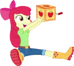 Size: 1200x1060 | Tagged: safe, derpibooru import, edit, edited screencap, screencap, apple bloom, human, equestria girls, equestria girls series, holidays unwrapped, spoiler:eqg series (season 2), adorabloom, background removed, boots, bow, box, clothes, cute, hair bow, image, jack-in-the-box, jeans, not a vector, open mouth, pants, png, shirt, shoes, sitting, smiling, solo, the cider louse fools
