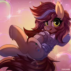 Size: 4096x4096 | Tagged: safe, artist:ask-colorsound, derpibooru import, oc, oc:bead trail, unofficial characters only, earth pony, pony, abstract background, bubble, clothes, commission, female, hoodie, image, jpeg, looking at you, mare, scarf, smiling at you, solo, underhoof