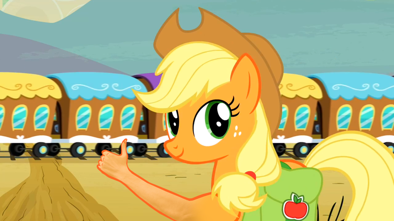 Size: 1920x1078 | Tagged: safe, artist:i-shooped-a-pwny, derpibooru import, edit, edited screencap, editor:i-shooped-a-pwny, screencap, applejack, season 2, the last roundup, 1000 hours in ms paint, abomination, applejack's hat, bag, cowboy hat, desert, hand, hat, human arm, image, looking back, majestic as fuck, mountain, not salmon, png, road, saddle bag, this is why we can't have nice things, thumbs up, train, train tracks, wat, yeehaw