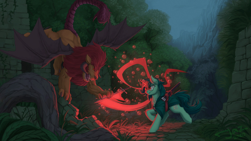 Size: 3000x1688 | Tagged: safe, artist:1jaz, derpibooru import, oc, unofficial characters only, manticore, pony, unicorn, bubble, clothes, fight, glasses, high res, image, jpeg, magic, open mouth, red magic, ruins, scenery