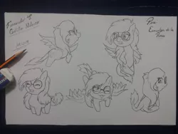 Size: 1280x960 | Tagged: safe, artist:fernandojc-draftsman, derpibooru import, oc, unofficial characters only, pegasus, pony, :p, chibi, eyes closed, flying, glasses, image, jpeg, lineart, monochrome, one eye closed, pegasus oc, smiling, tongue out, traditional art, wings, wink