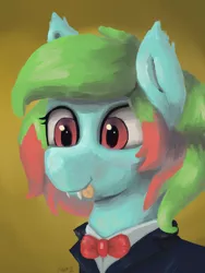 Size: 3000x4000 | Tagged: safe, alternate version, artist:doughnutwubbs, derpibooru import, oc, oc:precised note, pony, vampire, vampony, bowtie, bust, clothes, cute, ear fluff, eyelashes, fangs, image, png, portrait, race swap, slit eyes, smiling, suit, tongue out, tuxedo, two toned mane, watermark
