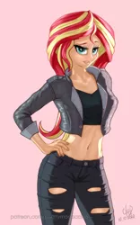 Size: 1200x1920 | Tagged: safe, artist:cherrymocaccino, artist:zuko42, derpibooru import, sunset shimmer, human, art pack:music album 'e.g.8 themes', equestria girls, belly button, clothes, female, humanized, image, jacket, jeans, leather jacket, looking at you, midriff, pants, png, ripped jeans, ripped pants, solo, torn clothes