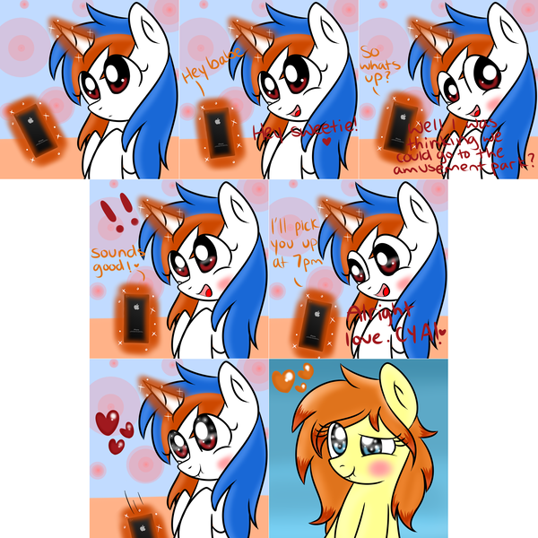 Size: 3004x3004 | Tagged: safe, artist:mayleebell24, derpibooru import, oc, oc:firefox, oc:safari, earth pony, pony, unicorn, ask-safaripony, blushing, browser ponies, female, heart, image, lesbian, magic, mobile phone, phone, png, shipping