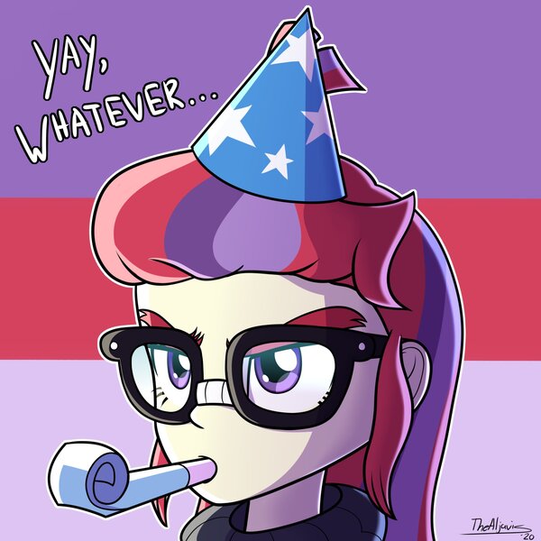 Size: 2000x2000 | Tagged: safe, artist:thealjavis, derpibooru import, moondancer, human, equestria girls, glare, glasses, hat, humanized, image, jpeg, moondancer is not amused, noisemaker, party hat, simple background, text, whatever