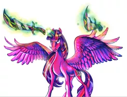 Size: 1575x1203 | Tagged: safe, artist:deygira-blood, derpibooru import, twilight sparkle, twilight sparkle (alicorn), alicorn, pony, elements of insanity, angry, brutalight sparcake, female, image, magic, mare, png, simple background, solo, spread wings, sword, telekinesis, weapon, white background, wings