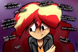 Size: 1500x1000 | Tagged: safe, artist:icy wind, derpibooru import, sunset shimmer, equestria girls, bully, bullying, image, jpeg, sad, solo, sunsad shimmer, text