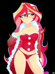Size: 2448x3264 | Tagged: suggestive, artist:xan-gelx, derpibooru import, sunset shimmer, equestria girls, adorasexy, big breasts, black background, blushing, breasts, busty sunset shimmer, christmas, cleavage, clothes, cute, female, high res, holiday, image, jpeg, lidded eyes, looking away, panties, sexy, simple background, snow, solo, solo female, stupid sexy sunset shimmer, underwear