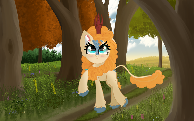 Size: 8000x5000 | Tagged: safe, artist:windykirin, derpibooru import, pear butter, kirin, absurd resolution, blushing, cloud, female, forest, grass, image, kirinified, mare, png, scenery, smiling, solo, species swap, tree