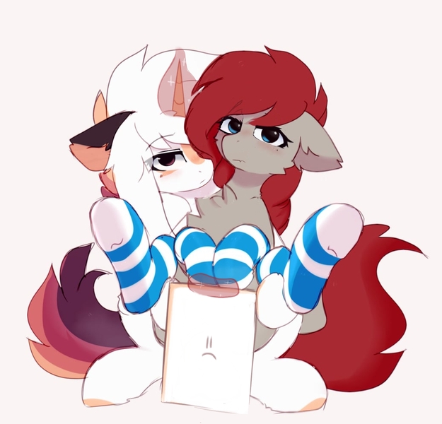 Size: 1787x1715 | Tagged: suggestive, artist:little-sketches, derpibooru import, edit, oc, oc:ayaka, oc:ponepony, pony, unicorn, blaze (coat marking), chest fluff, clothes, eye clipping through hair, eye contact, holding a pony, image, jpeg, looking at each other, looking at you, magic, sitting, socks, strategically covered, striped socks, telekinesis