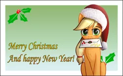 Size: 8000x5000 | Tagged: safe, alternate version, artist:colourwave, derpibooru import, applejack, pony, absurd resolution, christmas, cute, delivery, happy new year, hat, holiday, image, jackabetes, letter, letter in mouth, merry christmas, new year, png, postcard, santa hat, sitting