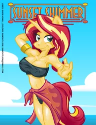 Size: 2551x3300 | Tagged: suggestive, artist:samoht-lion, artist:trollie trollenberg, derpibooru import, sunset shimmer, anthro, unicorn, equestria girls, belly button, big breasts, breasts, busty sunset shimmer, cleavage, clothes, erect nipples, image, nipple outline, panties, png, swimsuit, thong, underwear