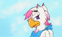 Size: 1280x756 | Tagged: safe, artist:foxxy-arts, derpibooru import, oc, oc:foxxy hooves, hippogriff, bandana, bust, cloud, female, hippogriff oc, image, jpeg, pencil, portrait, self portrait, sky, solo