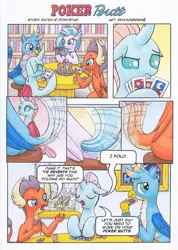 Size: 3295x4640 | Tagged: safe, artist:xeviousgreenii, derpibooru import, gallus, ocellus, sandbar, silverstream, smolder, yona, changedling, changeling, classical hippogriff, dragon, gryphon, hippogriff, absurd file size, body language, calvin and hobbes, card, female, image, library, male, playing card, png, poker, poker chips, poker face, shipping, straight, student six, tail wag, traditional art, yonabar