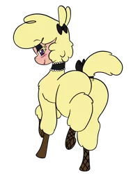 Size: 1536x2048 | Tagged: suggestive, artist:steelsoul, derpibooru import, paprika paca, alpaca, them's fightin' herds, blushing, bow, butt, choker, cloven hooves, community related, dock, featureless crotch, female, fishnets, image, looking at you, looking back, looking back at you, plot, png, raised leg, simple background, solo, solo female, tail bow, transparent background, underhoof