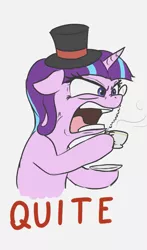 Size: 853x1448 | Tagged: safe, artist:t72b, derpibooru import, starlight glimmer, pony, unicorn, classy, cup, faic, floppy ears, gray background, hat, image, monocle, png, pun, quiet, s5 starlight, simple background, solo, teacup, top hat