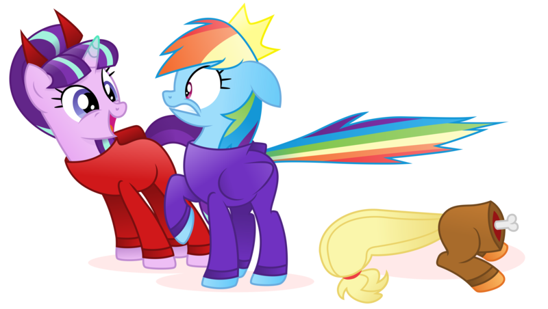 Size: 10700x6044 | Tagged: safe, artist:cirillaq, derpibooru import, applejack, rainbow dash, starlight glimmer, pegasus, pony, unicorn, absurd resolution, among us, bisection, bone, crewmate, dead, image, png, s5 starlight, simple background, this will end in gulag, transparent background, vector