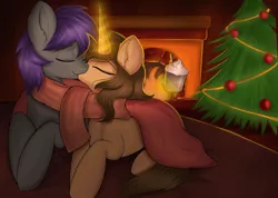 Size: 3988x2832 | Tagged: safe, artist:janelearts, derpibooru import, oc, unofficial characters only, pony, unicorn, christmas, christmas tree, clothes, female, fireplace, high res, holiday, image, kissing, lying down, magic, male, mare, png, prone, scarf, shared clothing, shared scarf, stallion, tree