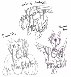 Size: 1024x1111 | Tagged: safe, artist:minelvi, derpibooru import, oc, alicorn, pegasus, pony, alicorn oc, commission, eyelashes, flower, flower in hair, flying, horn, image, jpeg, lineart, monochrome, pegasus oc, pumpkin, smiling, wings, your character here