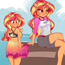 Size: 4000x4000 | Tagged: safe, artist:xjenn9, derpibooru import, sunset shimmer, equestria girls, equestria girls series, forgotten friendship, legend of everfree, absurd resolution, adorasexy, belly button, bikini, bikini top, blushing, breasts, busty sunset shimmer, clothes, crossed legs, cute, duality, female, image, legs, lidded eyes, midriff, png, ponied up, self paradox, sexy, shorts, sketch, skintight, skintight clothes, smiling, solo, swimsuit, tight clothing
