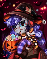 Size: 2550x3209 | Tagged: safe, artist:pridark, derpibooru import, part of a set, oc, oc:cinnabyte, pegasus, pony, candy, clothes, commission, cute, female, food, gamer, halloween, hat, headset, high res, holiday, image, jack-o-lantern, mare, ocbetes, open mouth, png, pumpkin, pumpkin bucket, socks, solo, striped socks, witch hat, ych result