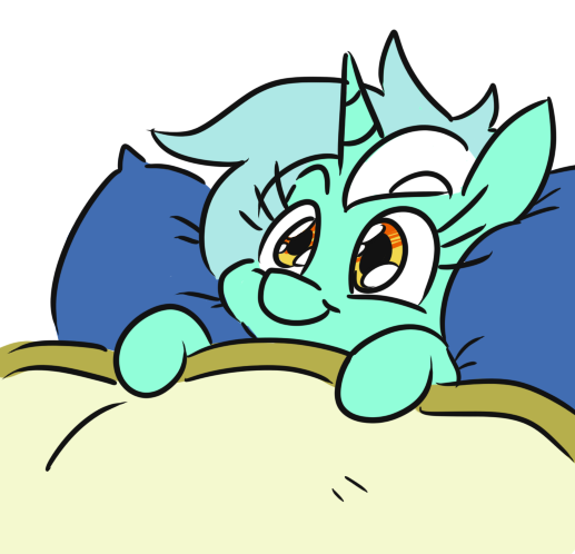 Size: 517x498 | Tagged: safe, artist:jargon scott, derpibooru import, lyra heartstrings, pony, unicorn, :t, bed, blanket, cute, female, image, lying down, lyrabetes, mare, mimir, on back, pillow, png, simple background, smiling, solo, white background