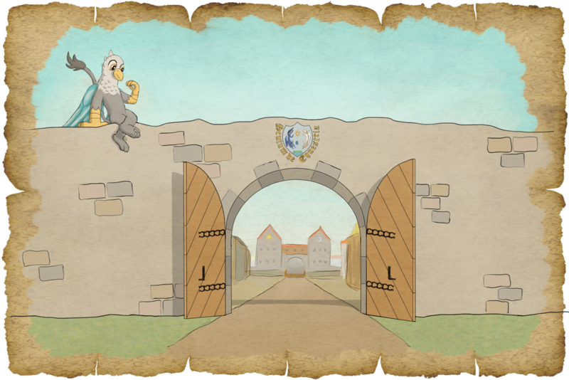 Size: 1024x683 | Tagged: safe, alternate version, artist:malte279, derpibooru import, oc, oc:galahad, gryphon, tails of equestria, coat of arms, gate, image, png, spy, town wall, trottingham, worldbuilding