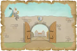 Size: 1024x683 | Tagged: safe, alternate version, artist:malte279, derpibooru import, oc, oc:galahad, gryphon, tails of equestria, coat of arms, gate, image, png, spy, town wall, trottingham, worldbuilding