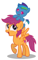 Size: 1280x2006 | Tagged: safe, artist:aleximusprime, derpibooru import, scootaloo, oc, oc:storm streak, pony, flurry heart's story, baby, babysitting, colt, cute, cutealoo, diaper, foal, foalsitter, image, male, offspring, older, older scootaloo, parent:oc:thunderhead, parent:rainbow dash, parents:canon x oc, png, ponies riding ponies, pony hat, riding, simple background, teenage scootaloo, teenager, transparent background