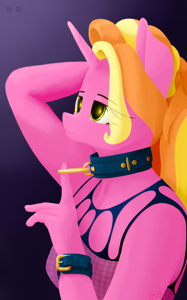 Size: 2900x4640 | Tagged: questionable, artist:alicorn-without-horn, derpibooru import, luster dawn, anthro, unicorn, the last problem, alternate hairstyle, bdsm, body stocking, breasts, collar, collar ring, cuffs, female, fishnet clothing, gradient background, image, png, solo