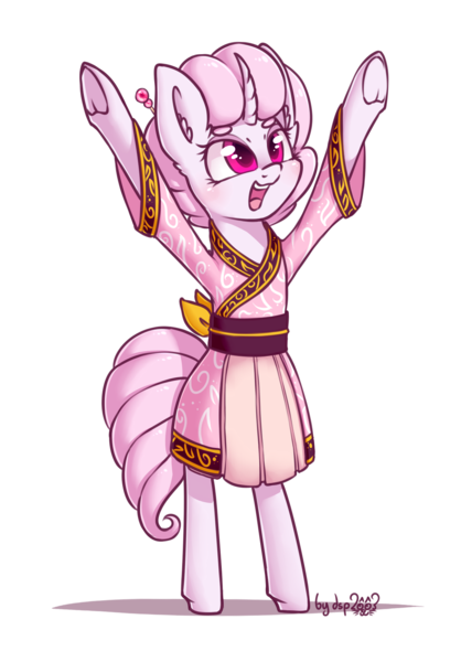 Size: 1207x1732 | Tagged: safe, artist:dsp2003, derpibooru import, oc, oc:sakuragi-san, unofficial characters only, pony, unicorn, bipedal, blushing, clothes, curved horn, female, horn, image, mare, open mouth, png, raised hoof, raised hooves, simple background, solo, transparent background, underhoof, vaguely asian robe