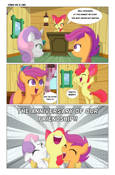 Size: 3555x5388 | Tagged: safe, artist:biocrine, derpibooru import, apple bloom, scootaloo, sweetie belle, earth pony, pegasus, pony, unicorn, the last crusade, bipedal, clubhouse, comic, crusaders clubhouse, cutie mark crusaders, eyes closed, group hug, hug, image, open mouth, png